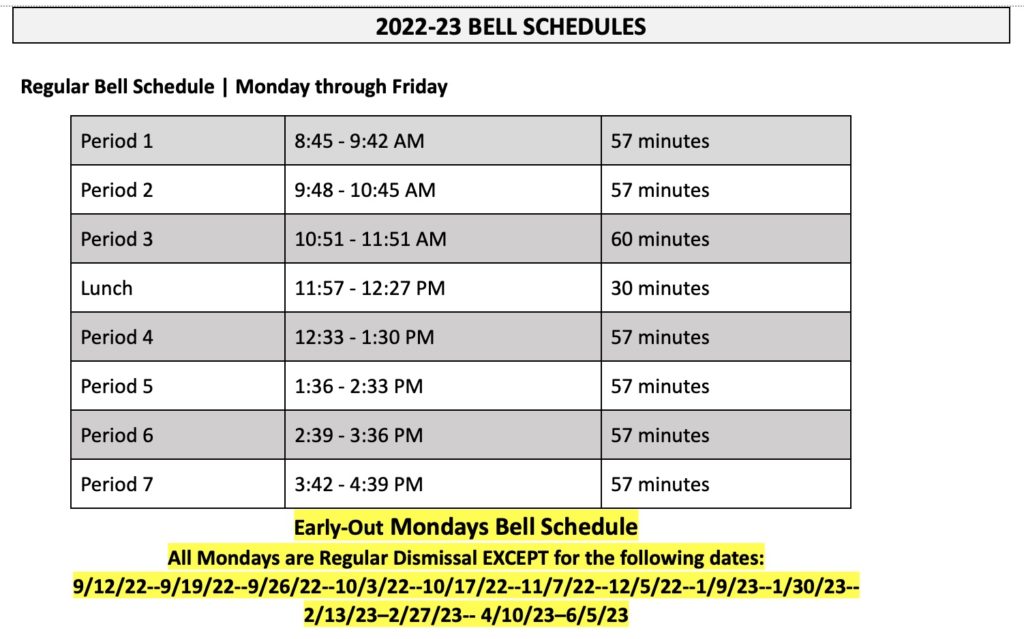 20222023 Bell Schedule and Holidays UCHS PTSA